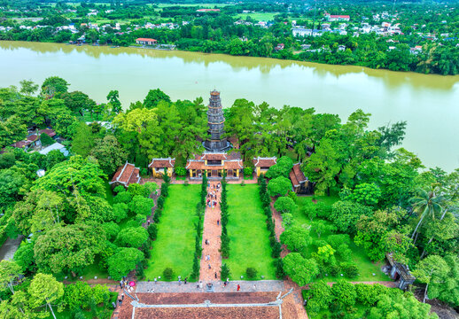 Aerial view of Thien Mu Pagoda is one of the ancient pagoda in Hue city, Vietnam. It is located on the banks of the Perfume River in Vietnam's historic city of Hue.