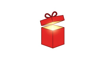 A minimal vector of a gift red box with a glowing light emerging from inside, centered on a clean white background
