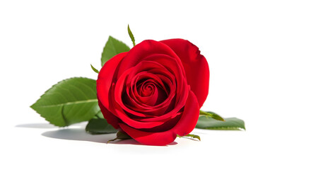 Elegant Single Red Rose with Lush Green Leaves on a Seamless White Background for Romantic Greetings and Botanical Illustrations. Ideal for Valentine's Day, weddings, or floral designs.