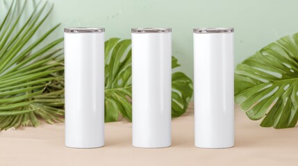 Fototapeta premium Blank White Tumbler Mockup on Wooden Table with Background