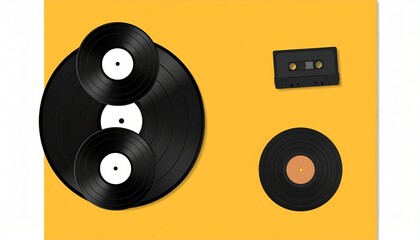 Black circular music cassette isolated on a bright yellow background. Retro audio media with bold contrast, ideal for vintage, nostalgic, or creative design themes
