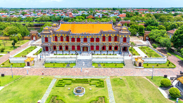 Aerial view of Kien Trung Palace within the Imperial City of Hue, Vietnam.Imperial Royal Palace of Nguyen dynasty. Travel and landscape concept