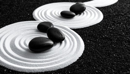 Fototapeta premium Shiny black pebbles on white sand under sunlight, creating a natural and calming texture. Perfect for backgrounds, spa, wellness, or nature themes. Ideal for microstock and commercial design use