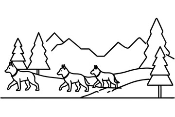 line art People riding dog sled in snowy arctic landscape, vector illustration