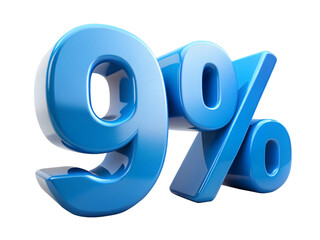 3d icon of glossy blue nine percent sign isolated on transparent background for sale concept