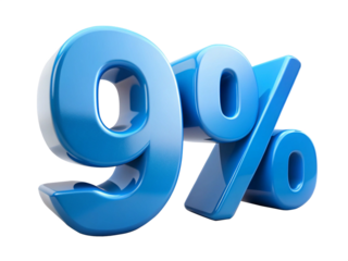 3d icon of glossy blue nine percent sign isolated on transparent background for sale concept