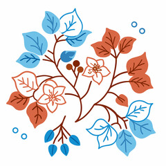 Stylized autumn and winter floral arrangement with berries and leaves in blue and orange