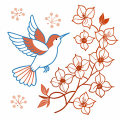 Charming illustration of a stylized hummingbird in flight near delicate blooming flowers and small floral accents