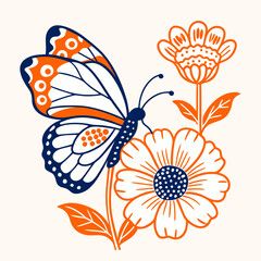 Stylized monarch butterfly and flowers in orange and navy blue on a cream background