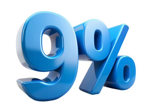 3d icon of glossy blue nine percent sign isolated on transparent background for sale concept