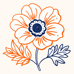 Bold orange and navy blue outline of a stylized flower with leaves on a cream background