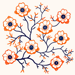 Stylized orange and white anemone flowers with dark blue stems on a cream background