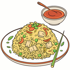 Delicious cartoon illustration of fried rice with tofu peas carrots and a side of sauce