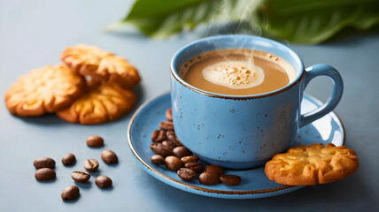 A comforting cup of steaming hot coffee in a blue ceramic mug, served with delicious butter cookies and roasted coffee beans for a relaxing break