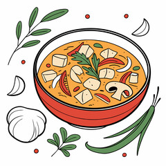 Vibrant illustration of a delicious tofu and vegetable soup with fresh ingredients