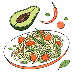 Vibrant illustration of a delicious noodle salad with avocado chili and cherry tomatoes