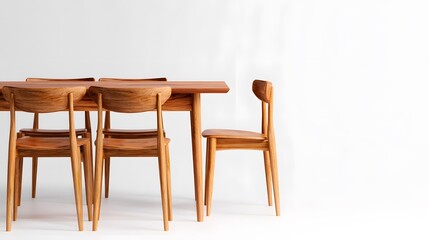 Wooden table and chairs set against a plain white background.