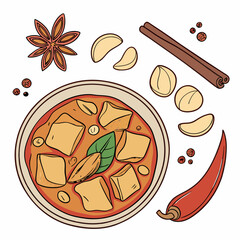A delicious bowl of tofu curry surrounded by aromatic spices and ingredients