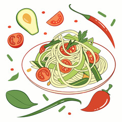 A vibrant illustration of a pasta dish with fresh tomatoes avocado and chili peppers scattered around