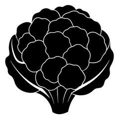 Stylized black silhouette of a fresh cauliflower with green leaves on a white background