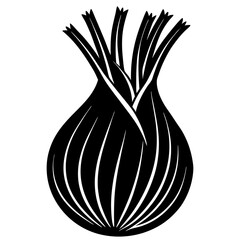 Stylized black and white silhouette of a fresh onion with green stems and layers