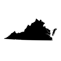 Black silhouette map of the US state of Virginia on a plain white background, showing its distinct geographical outline.