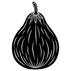 Stylized black silhouette of a ripe fig with a textured skin and stem on a white background