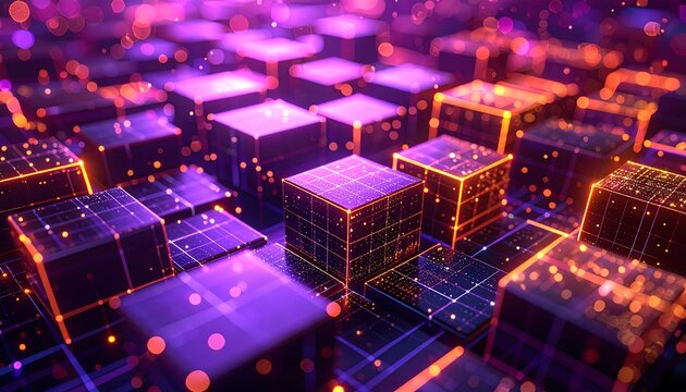 A vibrant, futuristic digital landscape of glowing, grid-like cubes with an orange and purple color palette. Sparkles and depth