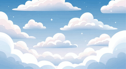 A serene illustration of a bright blue sky filled with fluffy, white clouds, creating a peaceful atmosphere.