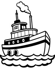 Cartoon tugboat with smoke emitting from its stack sailing on wavy water