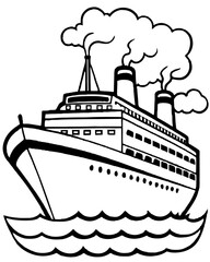 Stylized black and white illustration of a large passenger ship sailing on wavy water with smoke billowing from its funnels