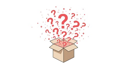 A vector of a mystery box with glowing question marks and sparkles emerging, centered on a plain white background
