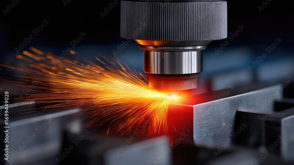 Poster metal laser cutting machine creating sparks concept. metalworking process displaying laser cutting a