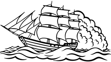 A majestic tall ship sails through rough seas with large waves and spray
