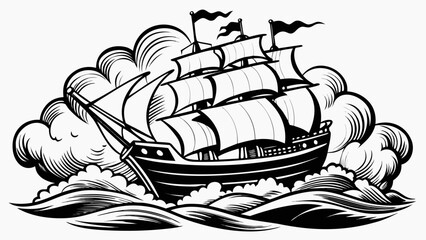 A majestic tall ship sails through rough seas with billowing sails and dramatic waves