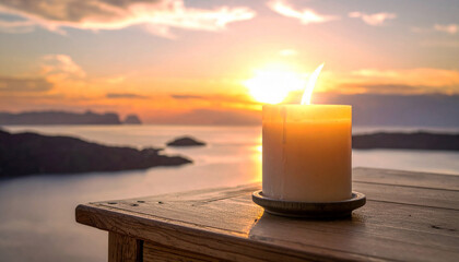 Breathtaking Ocean View from a Table with a Warmly Lit Candle