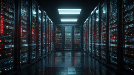 towering server racks with neon diagnostic lights robotic arm adjusting cable high tech data center interior illustration concept scene visual for commercial design use high detail quality stock image