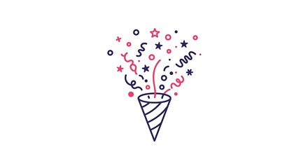 A cartoon style vector of a party popper cone with stars and ribbons exploding out, centered on a plain white background
