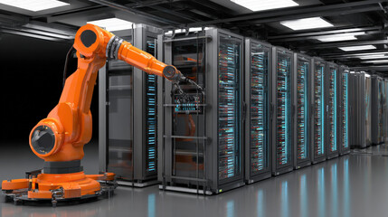 towering server racks with neon diagnostic lights robotic arm adjusting cable high tech data center interior illustration concept scene visual for commercial design use high detail quality stock image