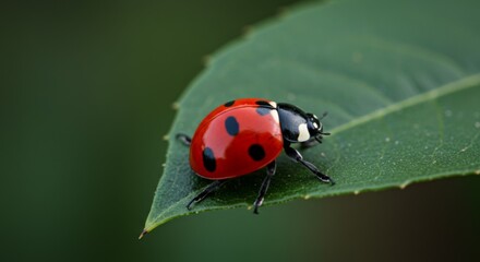 Fototapeta premium Red Ladybug on Green Leaf Closeup