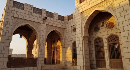 Fototapeta premium Traditional Arabic Architecture in Dubai Courtyard and Stone Buildings