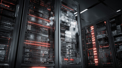 towering server racks with neon diagnostic lights robotic arm adjusting cable high tech data center interior illustration concept scene visual for commercial design use high detail quality stock image