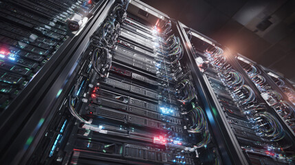 towering server racks with neon diagnostic lights robotic arm adjusting cable high tech data center interior illustration concept scene visual for commercial design use high detail quality stock image