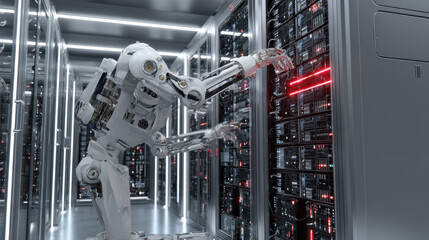 towering server racks with neon diagnostic lights robotic arm adjusting cable high tech data center interior illustration concept scene visual for commercial design use high detail quality stock image