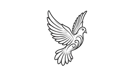 A stylized line art vector of a dove with elegant curves and flowing wings, centered on a clean white background
