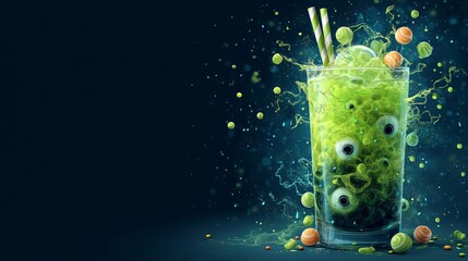 Fototapeta premium Spooky Halloween Cocktail Drink with Glowing Green Liquid Eyeballs and Candy