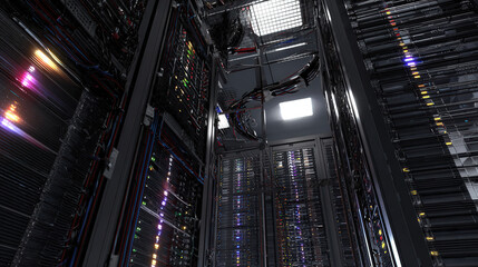 towering server racks with neon diagnostic lights robotic arm adjusting cable high tech data center interior illustration concept scene visual for commercial design use high detail quality stock image