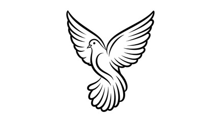 A stylized line art vector of a dove with elegant curves and flowing wings, centered on a clean white background

