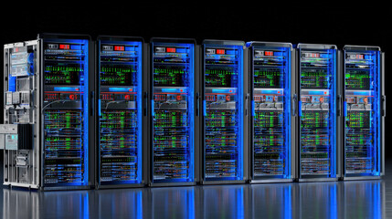 towering server racks with neon diagnostic lights robotic arm adjusting cable high tech data center interior illustration concept scene visual for commercial design use high detail quality stock image