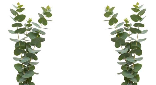 Two graceful eucalyptus branches with lush green leaves symmetrically framing a clean white background, creating a serene and natural botanical design accent